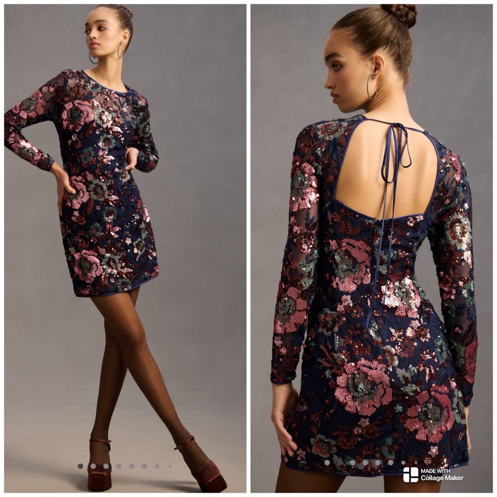 Anthropologie Sequin Long Sleeve Mini Dress in Navy Size US 4